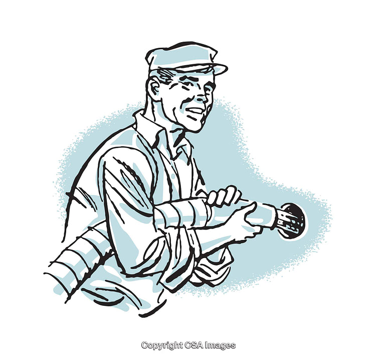 Retro Styled Illustration of a Smiling Worker Holding Industrial Equipment