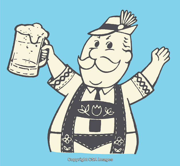 Illustration of a Cheerful Bavarian Man in Traditional Attire Holding a Beer Mug