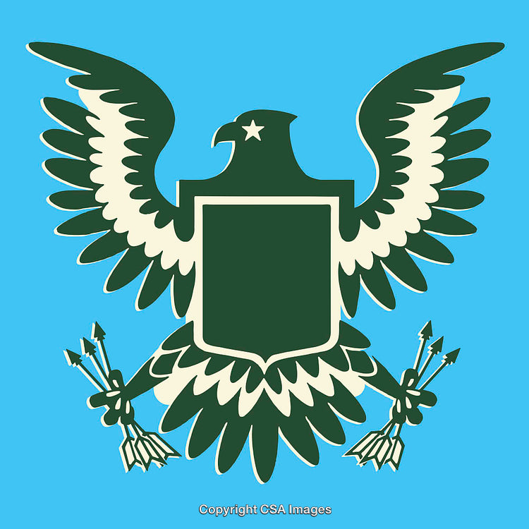 Green Eagle Emblem Shield with Arrows on Blue Background