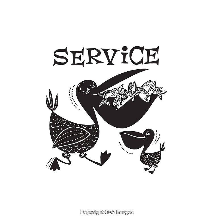 Black and White Line Art Pelican Illustration Featuring Service Concept