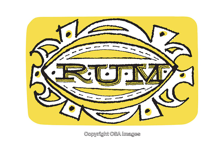Abstract Yellow and Black Symbolic Illustration Featuring the Word 'RUM'