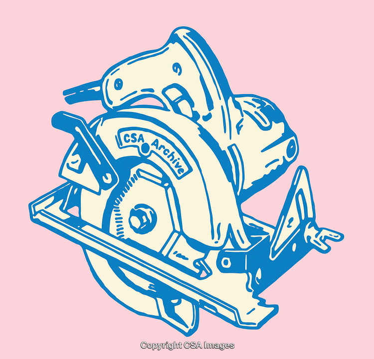 Colorful Line Art Illustration of a Power Saw on a Pink Background