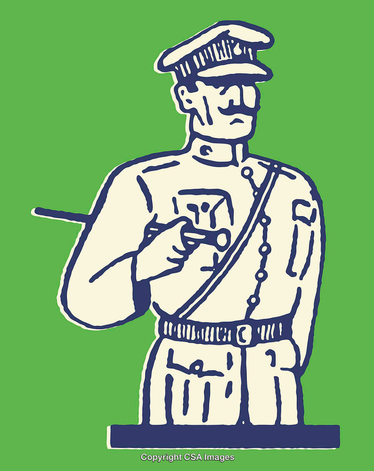 Stylized Illustration of Uniformed Officer in Vintage Blue and Green Design