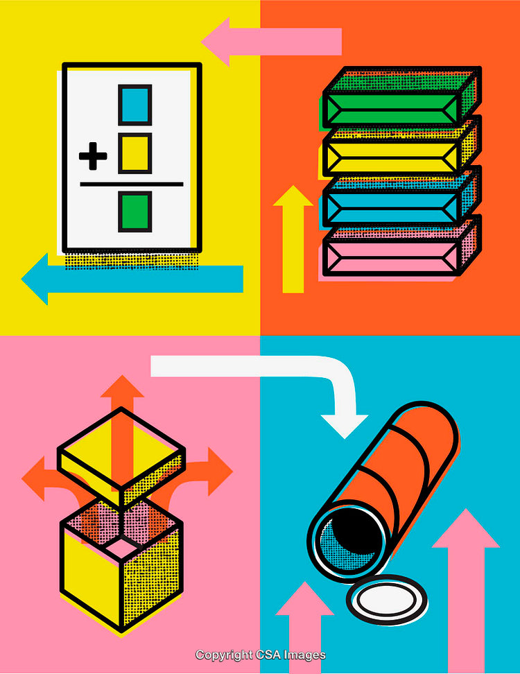 Colorful Line Art Depicting Abstract Shapes with Arrows and Gradients