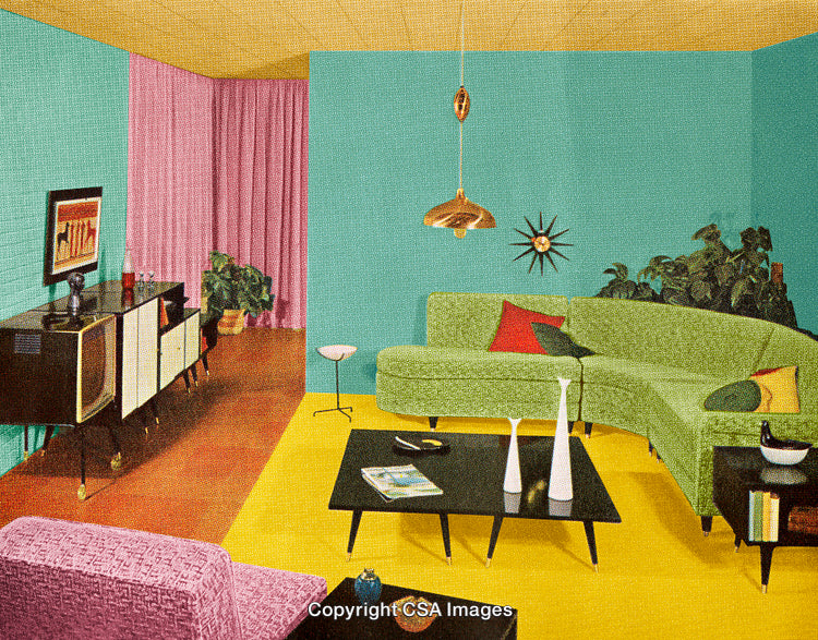 Vibrant 1960s Living Room with Retro Furniture and Colorful Decor