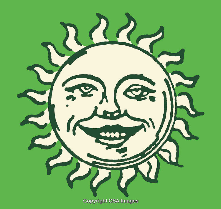 Vintage Sun Face Illustration with Green Background and Radiant Expression