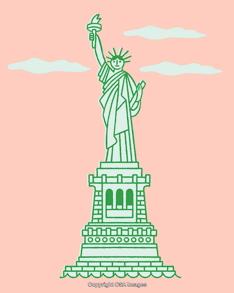 Minimalist Line Art of the Statue of Liberty on a Pastel Background