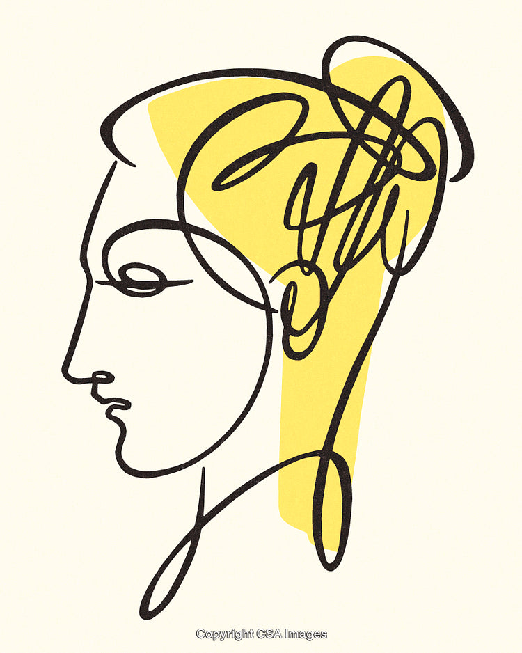 Abstract Line Drawing of a Woman's Profile with Yellow Accent Art