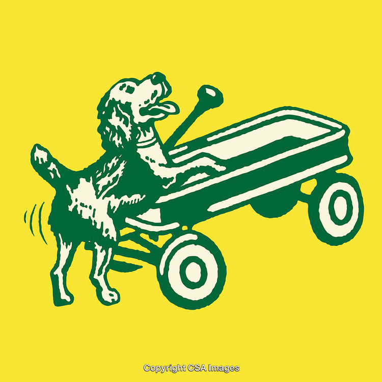 Playful Dog and Wagon Illustration on Yellow Background