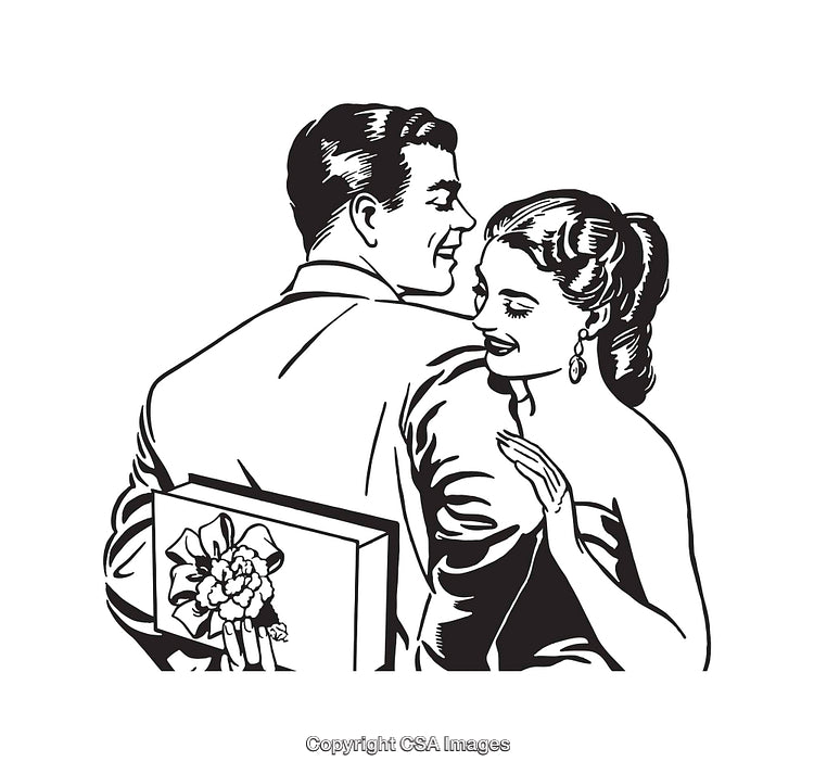 Retro Line Art of a Romantic Couple Exchanging Gifts