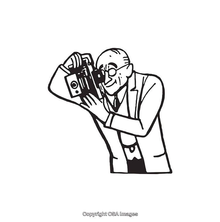 Illustration of a Man Using a Camera in Black and White Line Art