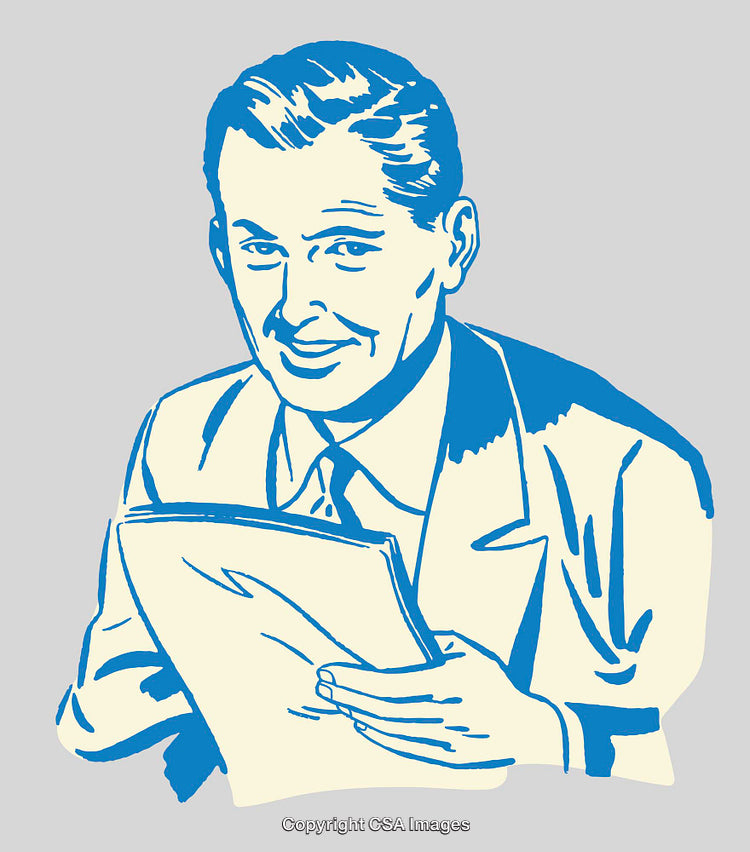 Retro Style Illustration of a Smiling Man Holding Documents in Blue Tones