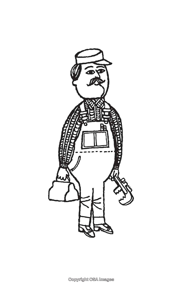 Black and White Line Art of Worker with Toolbox and Tool