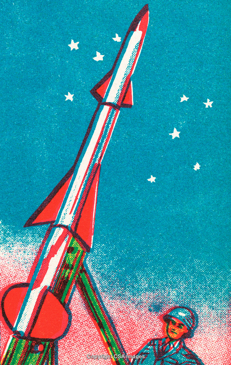 Retro Illustration Depicting a Rocket Launch with Bold Colors and Astronauts