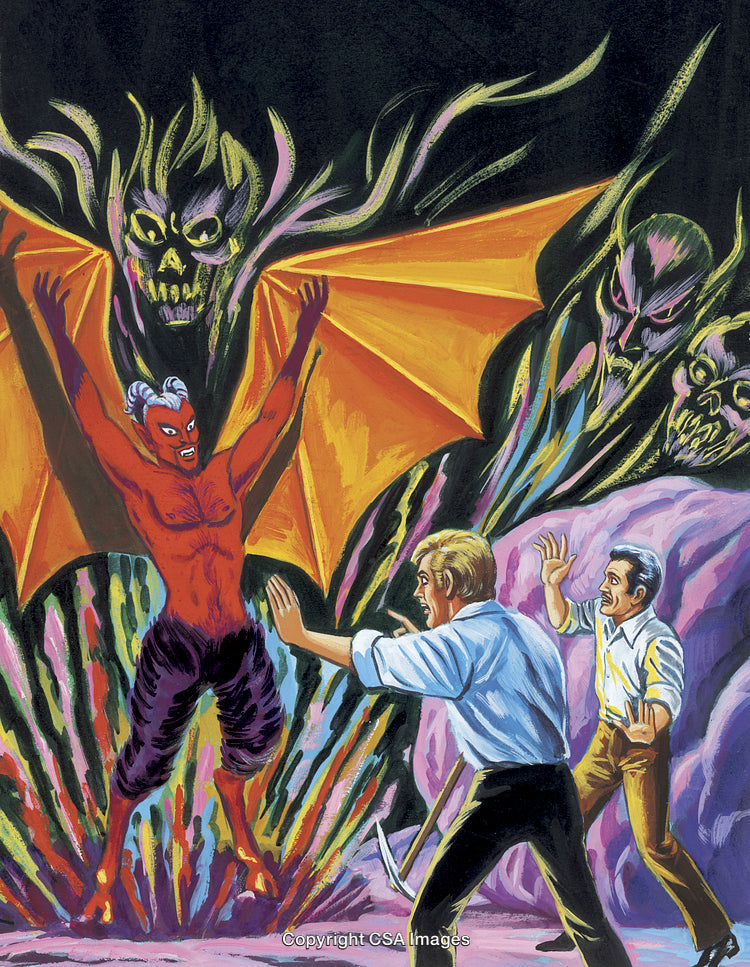 Fantasy Illustration of Men Confronting a Dramatic Demon in a Mystical Environment
