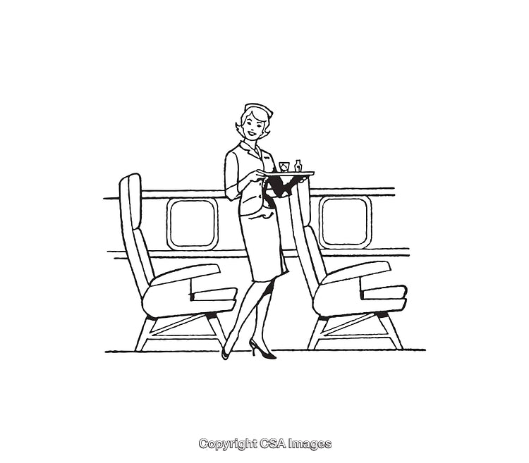 Illustration of Airline Stewardess Serving Drinks in Passenger Cabin
