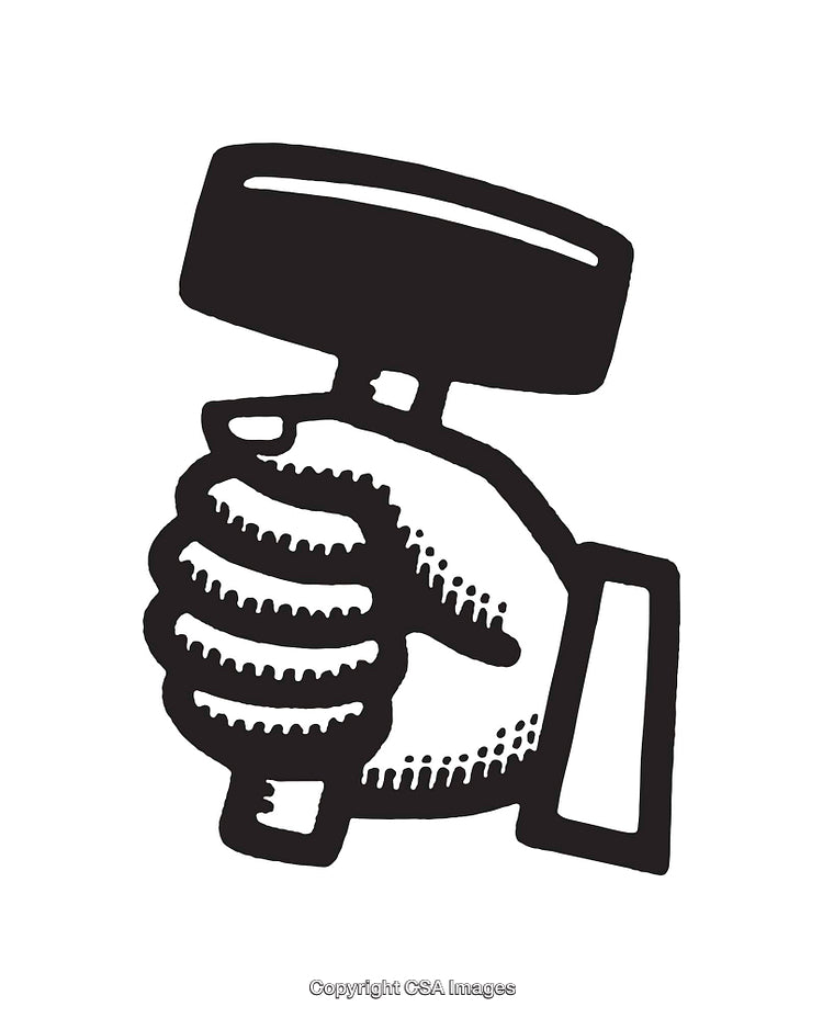 Black and White Line Art Illustration of a Hand Holding a Tool