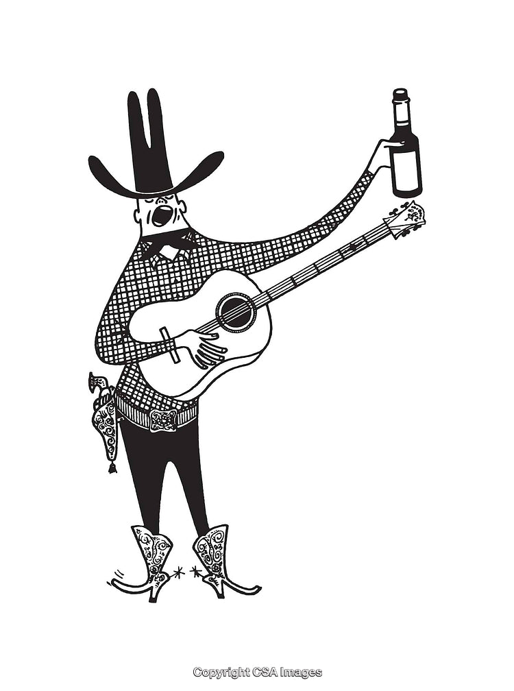 Black and White Cowboy Illustration with Guitar and Bottle of Drink