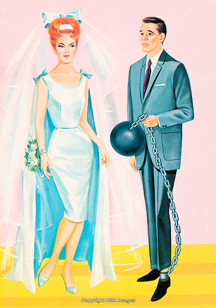 Retro Wedding Humor with Bride and Groom in Playful Cartoon Style