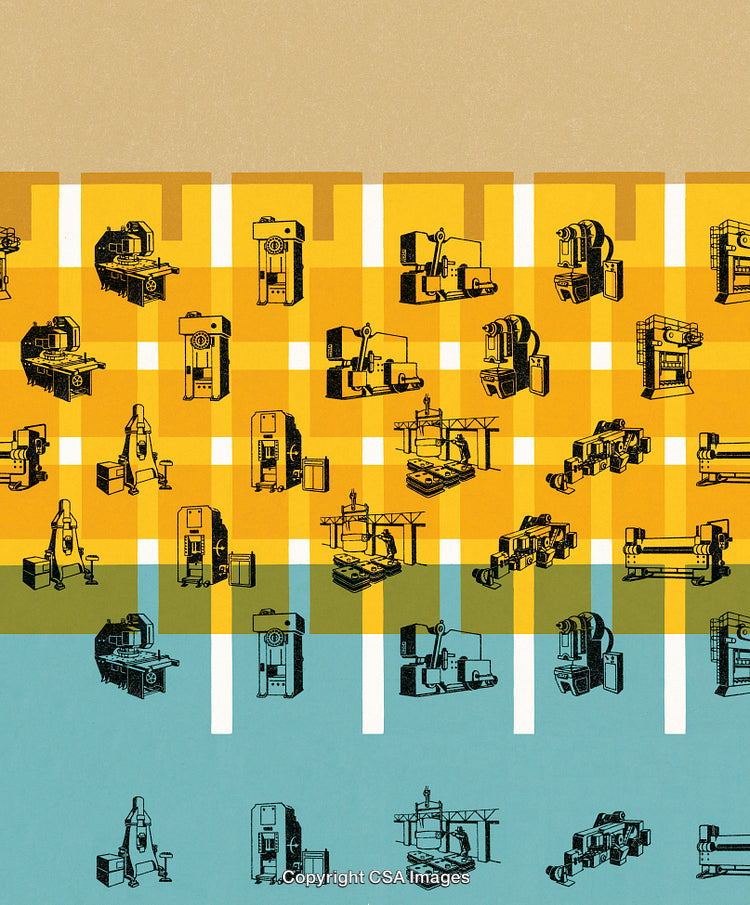 Colorful Illustration of Vintage Industrial Machines on Checkered Background