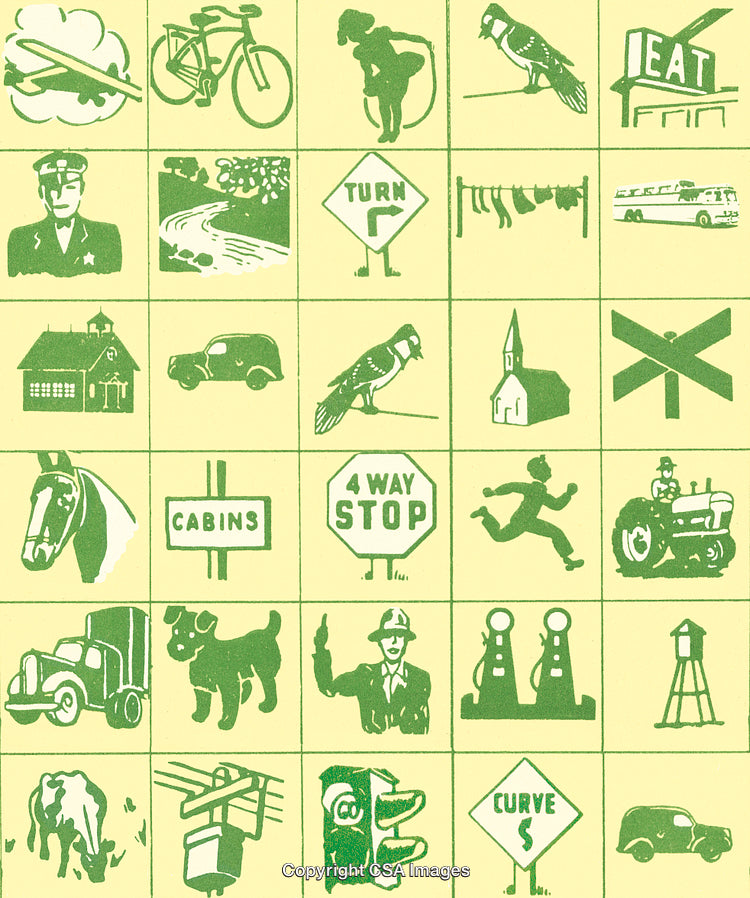 Collage of Green Illustration Icons Depicting Everyday Objects and Traffic Signs