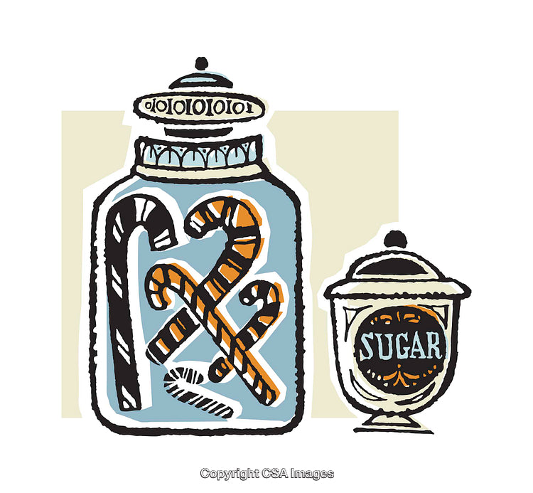 Colorful Illustration of Jars with Candy Canes and Sugar Label