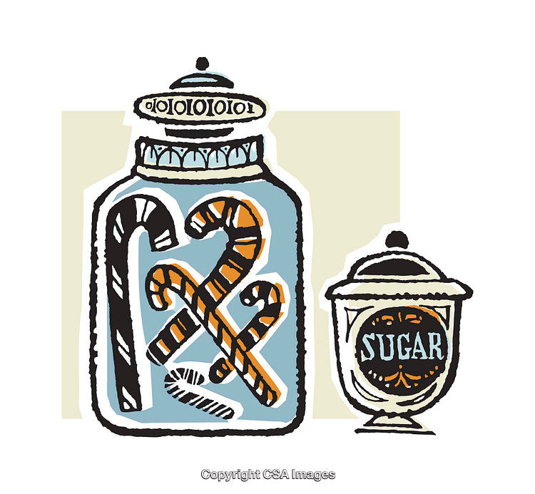 Colorful Illustration of Jars with Candy Canes and Sugar Label