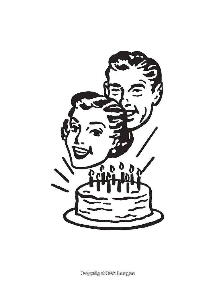 Retro Black And White Illustration of Couple Celebrating With Birthday Cake