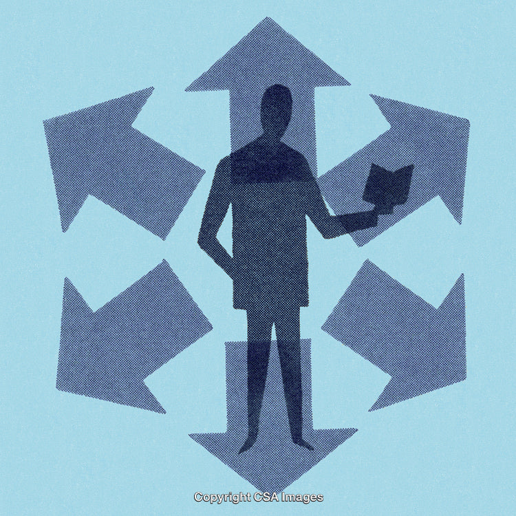 Silhouette with Arrow Directions Depicting Decision Making and Choices
