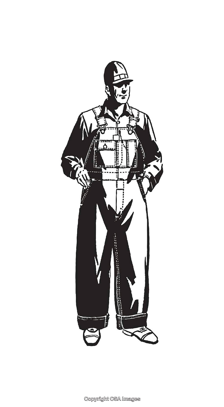 Black and White Illustration of a Worker in Overalls and Cap