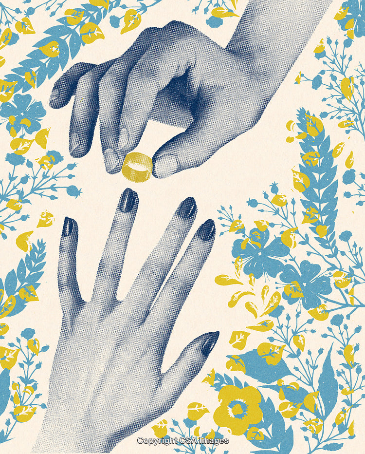 Vintage Style Illustration of Marriage Proposal with Floral Background Ambiance