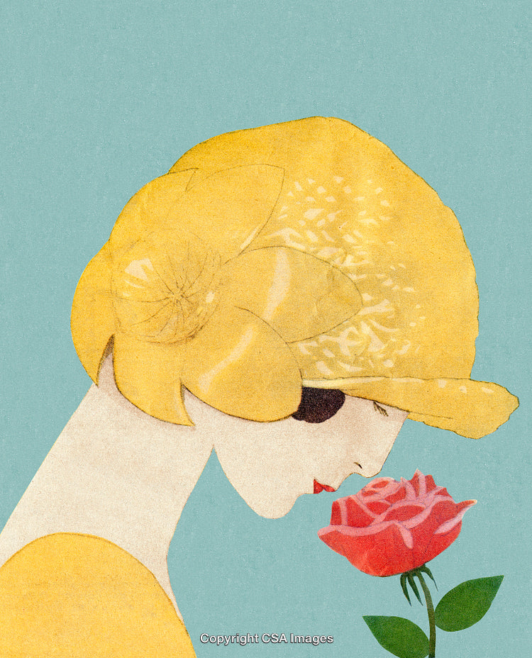 Vintage Art of a Woman Smelling a Rose in Nostalgic Style
