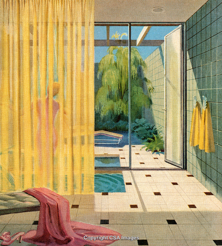 Mid-Century Bathroom With Pool View and Yellow Accents in Vibrant Setting