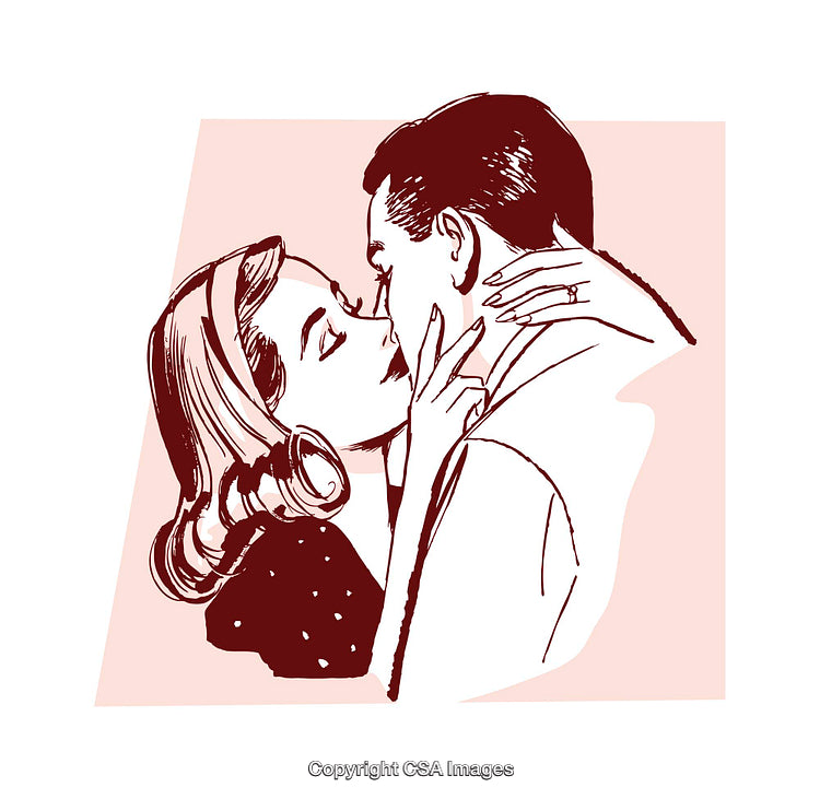 Romantic Vintage Style Illustration of a Couple Embracing Passionately