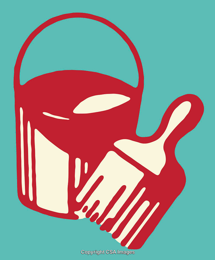 Color Line Art Illustration of a Paint Bucket and Brush