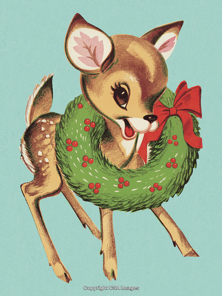 Cute Deer Wearing Festive Wreath with Bow Amid Holiday Cheer