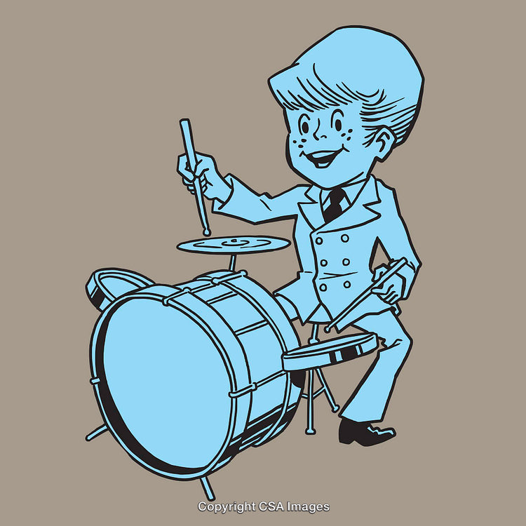 Retro Style Cartoon Boy Playing Drums in a Blue Color Scheme