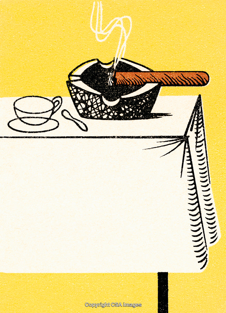 Illustration of Smoking Cigar in Ashtray with Coffee Cup on Tablecloth