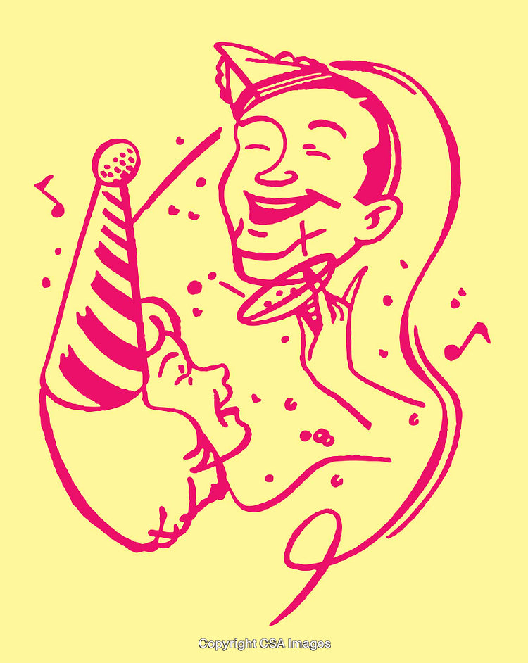 Colorful Line Art Illustrations of Cheerful Party Characters with Hats and Streamers