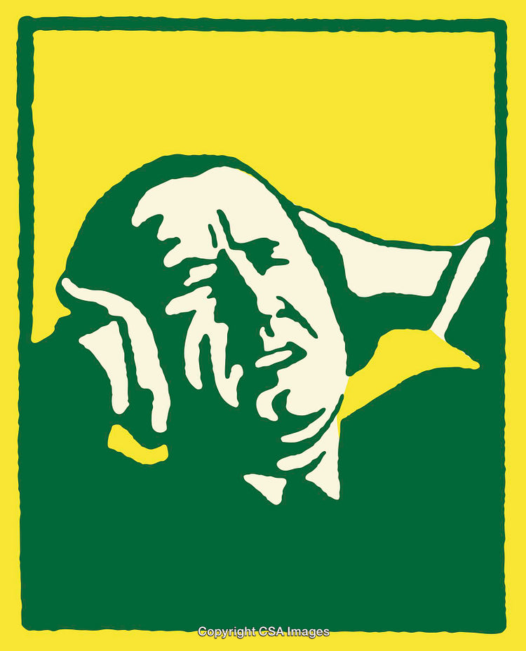 Bold Line Art Illustration Featuring Pensive Figure in Yellow and Green