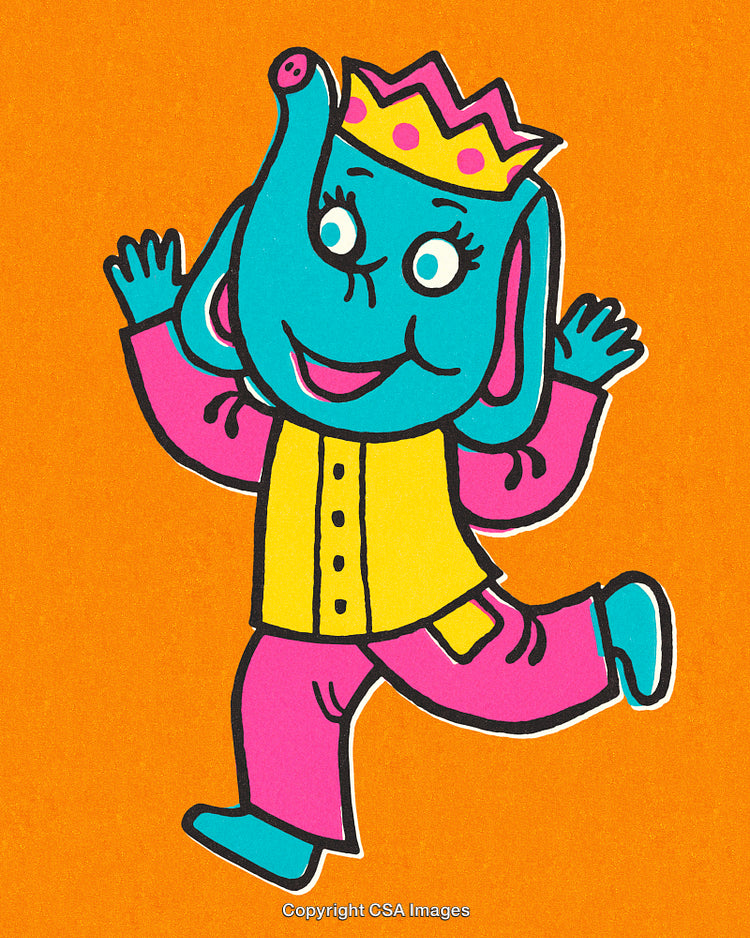 Colorful Cartoon Elephant Princess Wearing a Crown and Dancing Cheerfully on Orange Background