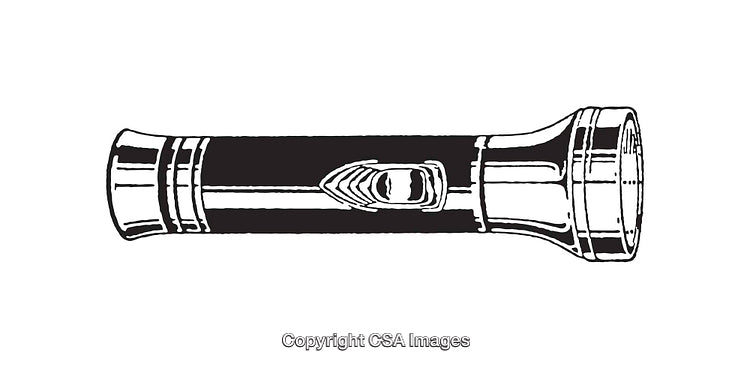 Black and White Line Art Illustration of a Flashlight on White Background