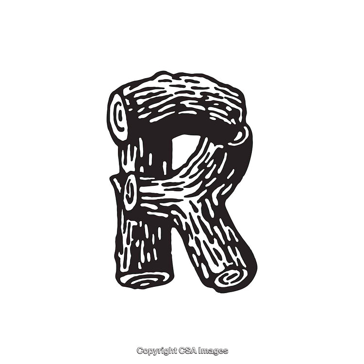 Rustic Letter R Shaped Like Wooden Logs on a White Background