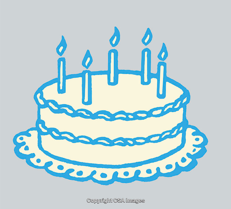 Blue Outline Illustration of a Birthday Cake with Five Candles