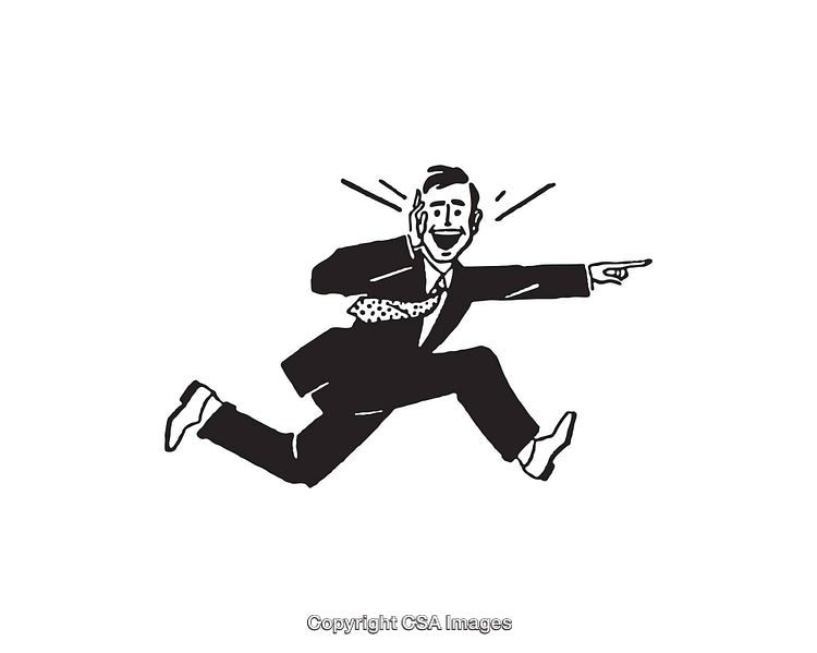 Retro Black and White Illustration of a Running Excited Businessman