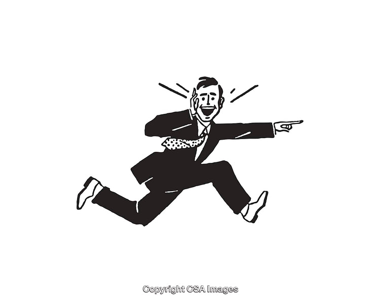 Retro Black and White Illustration of a Running Excited Businessman