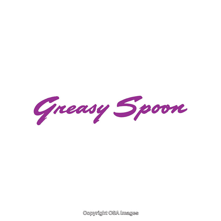 Bold Purple Text Saying Greasy Spoon on White Background