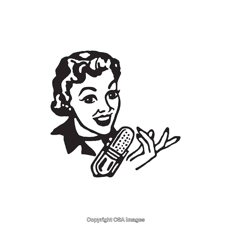 Retro Style Black and White Illustration of Woman with Microphone