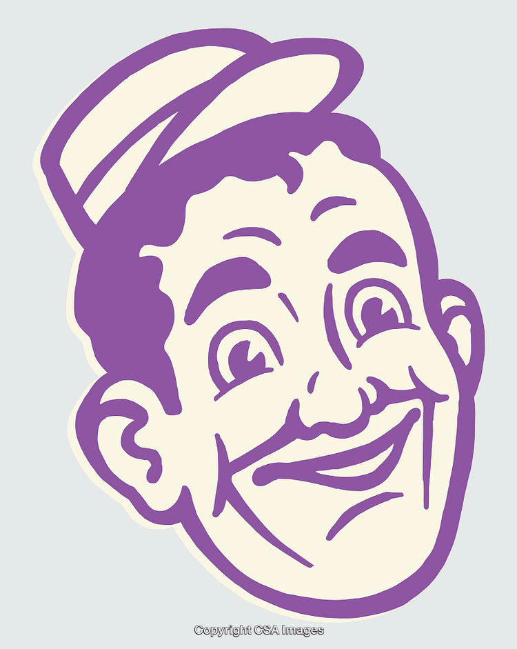 Purple Line Art Illustration of a Smiling Man in a Hat