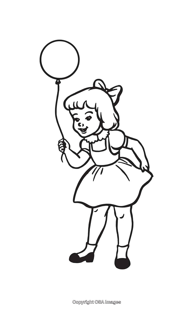 Vintage Black and White Line Art of Girl with Balloon